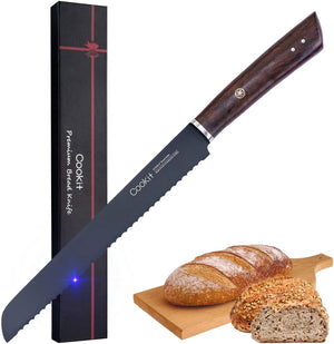 Open image in slideshow, 9 Inch High Carbon Stainless Steel Serrated Bread Knife Cook With Steel
