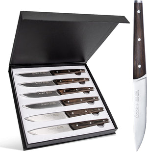 Open image in slideshow, 6 Piece Serrated Stainless Steel Steak Knife Set Cook With Steel
