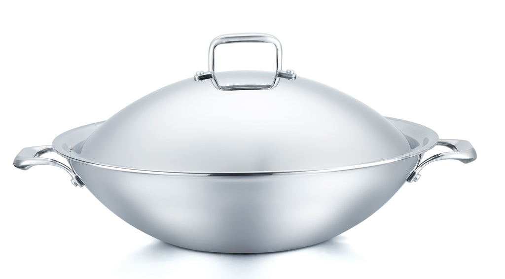 15.75” Stainless Steel Flat-Bottomed Wok with Domed Cover Tuxton Home
